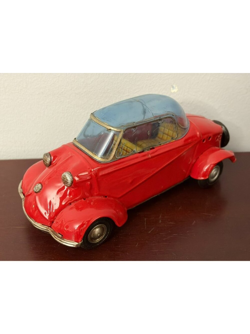 Vintage Japan Tin Bandai Messerschmitt Red 3 Wheel Friction Toy Car 8”